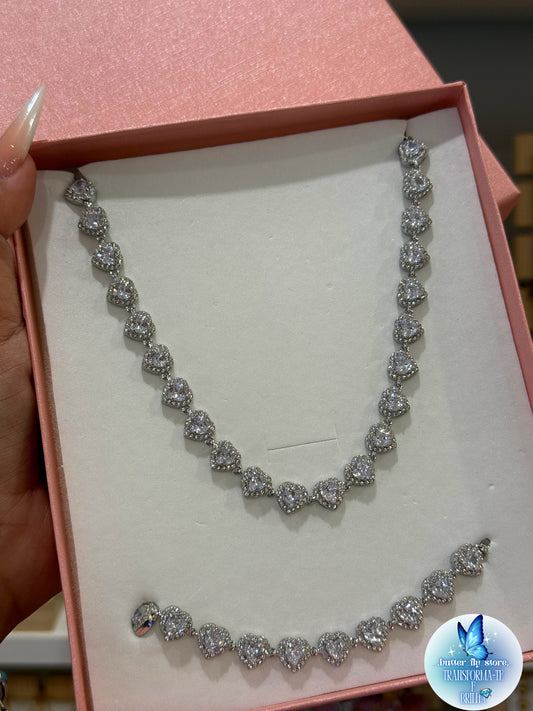 Conjunto Coração de Cristal em prateado💎 (colar + pulseira)
