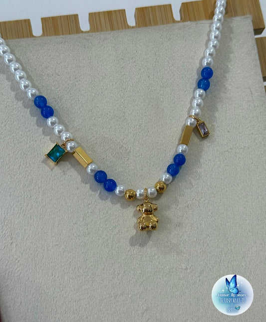 🐻 Colar Pérolas & Ursinho 💙✨