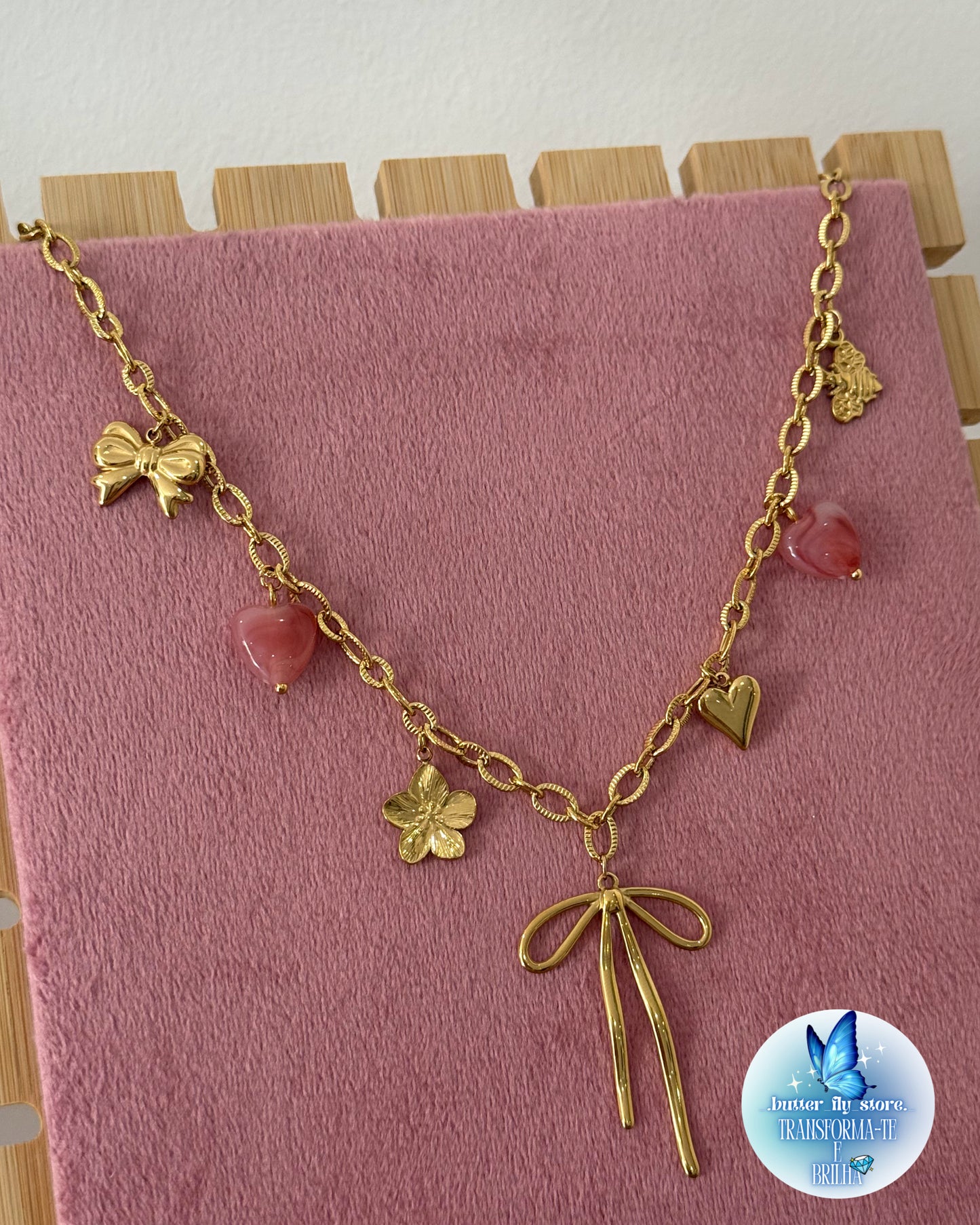 Charm Necklace Melodia Rosa🎀🌷✨Em Dourado