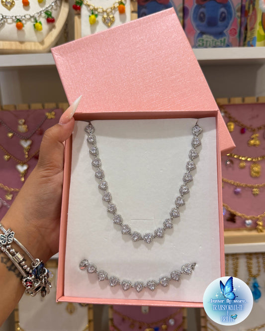 Conjunto Coração de Cristal em prateado💎 (colar + pulseira)
