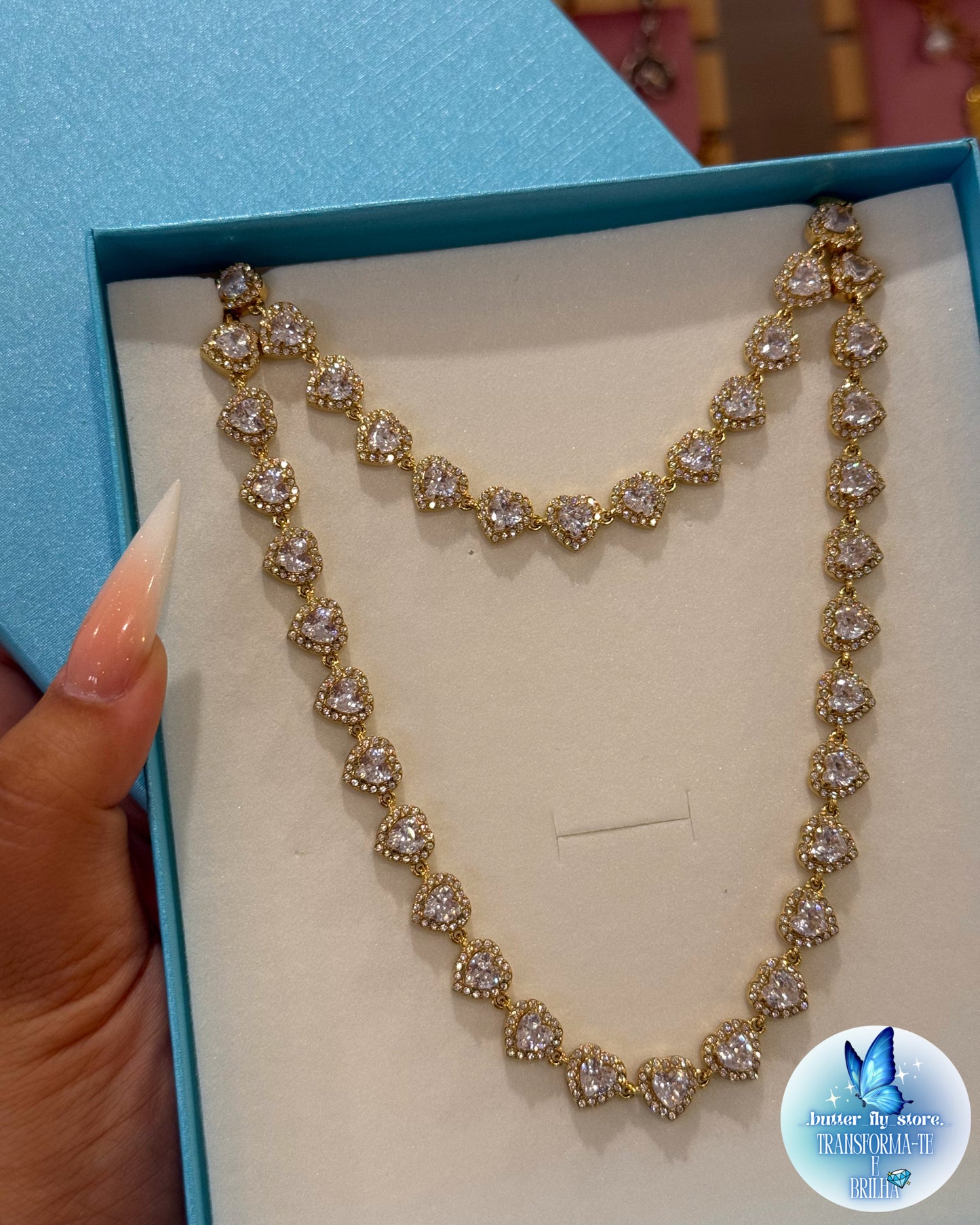 Conjunto Coração de Cristal em dourado💎 (colar + pulseira)