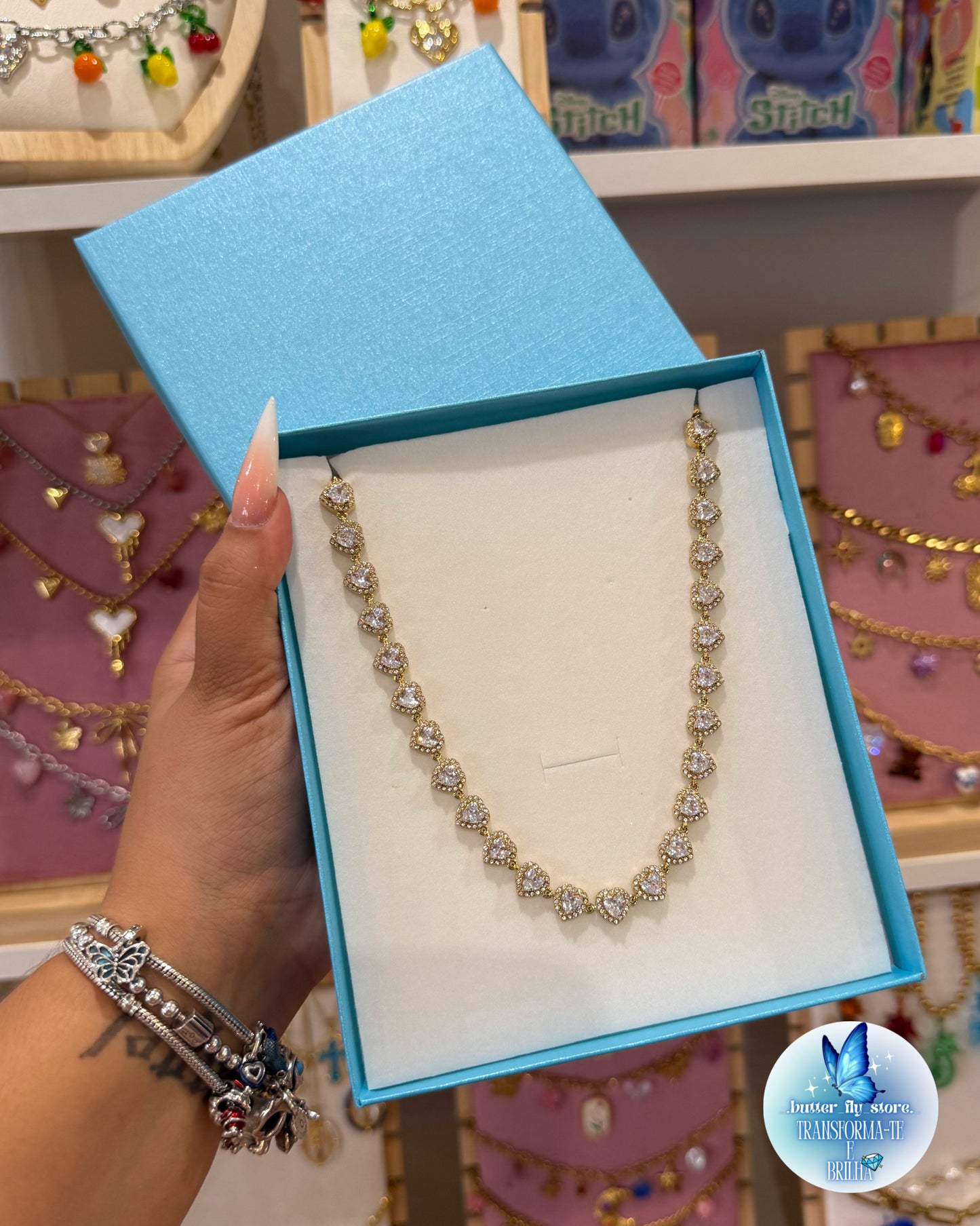 Colar Coração de Cristal em dourado💎