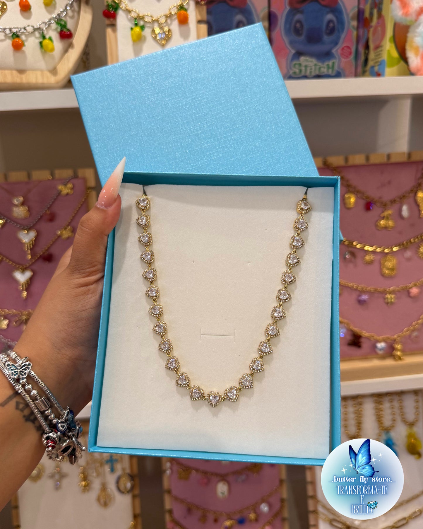 Colar Coração de Cristal em dourado💎