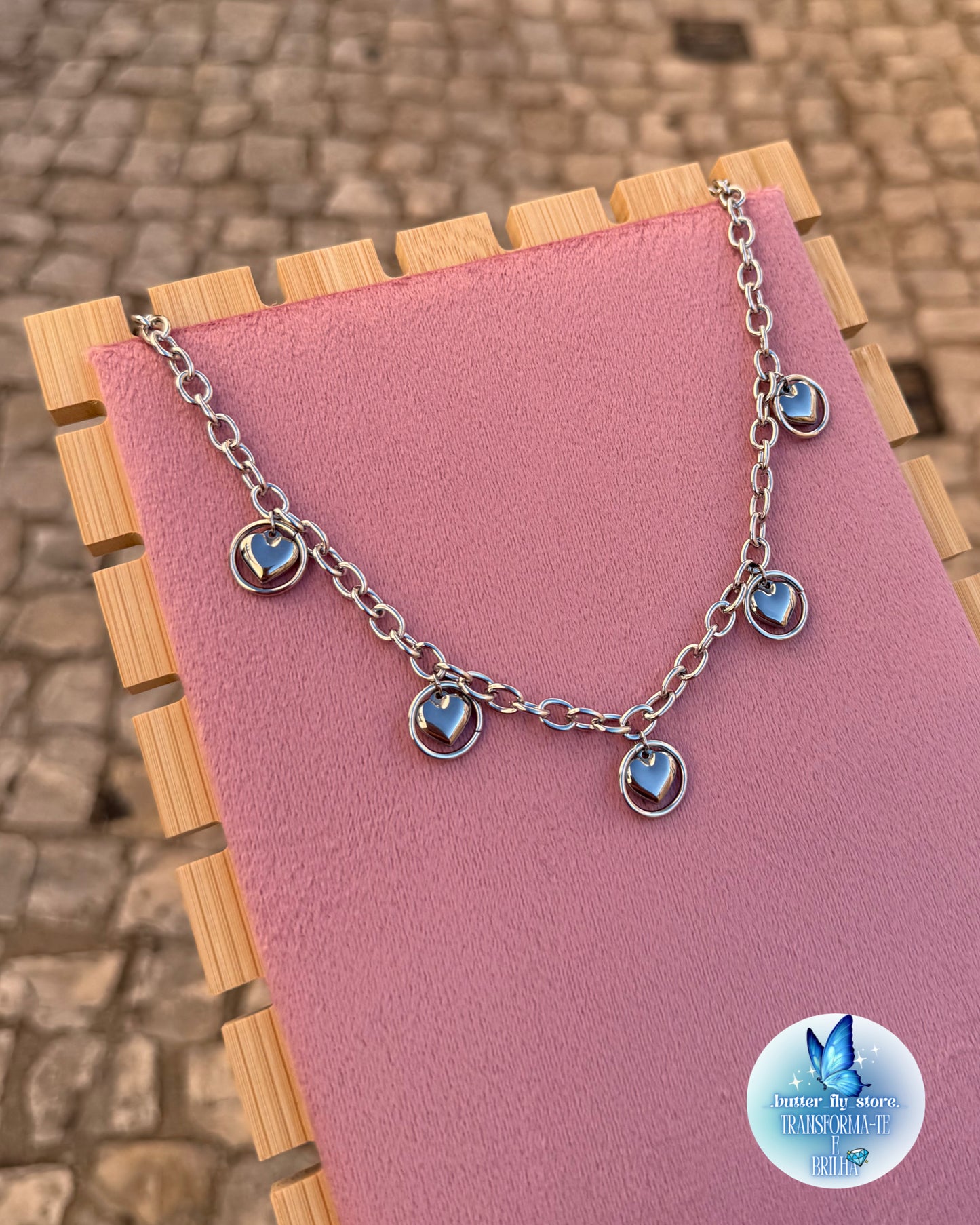 Charm Necklace Corações Prateados🩶✨