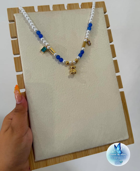 🐻 Colar Pérolas & Ursinho 💙✨